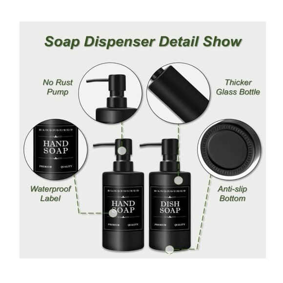 Glass Soap Dispenser Set 2 Pack for Bathroom or Kitchen, 6 Waterproof Tabs with - Picture 7 of 8